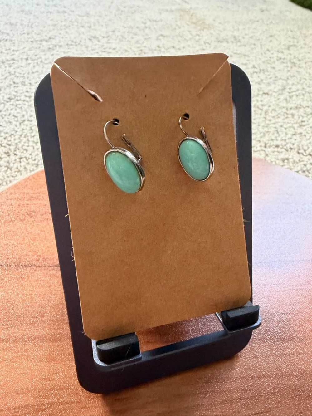 Green Oval Stone Drop Earrings - Women Jewelry